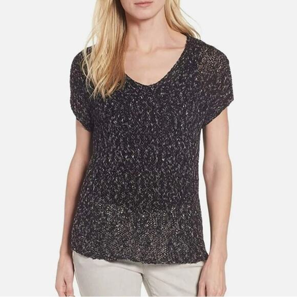 Eileen Fisher Tops - Eileen Fisher Ribbon Yarn Black Short Sleeve‎ Sweater